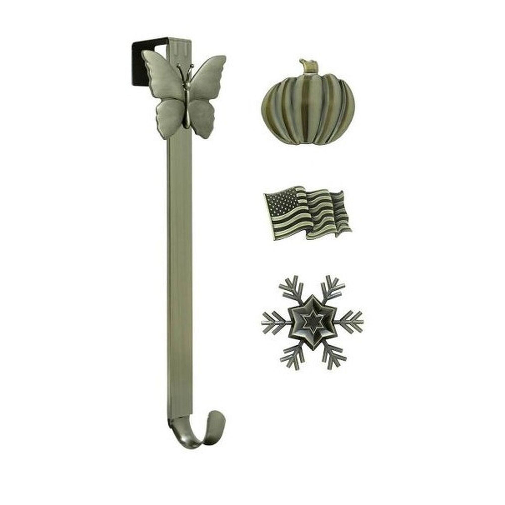 Haute Decor Antique Brass Adjustable Wreath Hanger with Decorative Icons